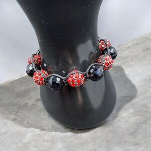 Black and Red Pavé Crystal Disco Ball Bead Adjustable Macrame Bracelet Goth Edgy